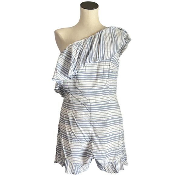 BB Dakota Pants - BB Dakota Womens Size 10 Romper Colleen One Shoulder Striped Blue White Ruffles